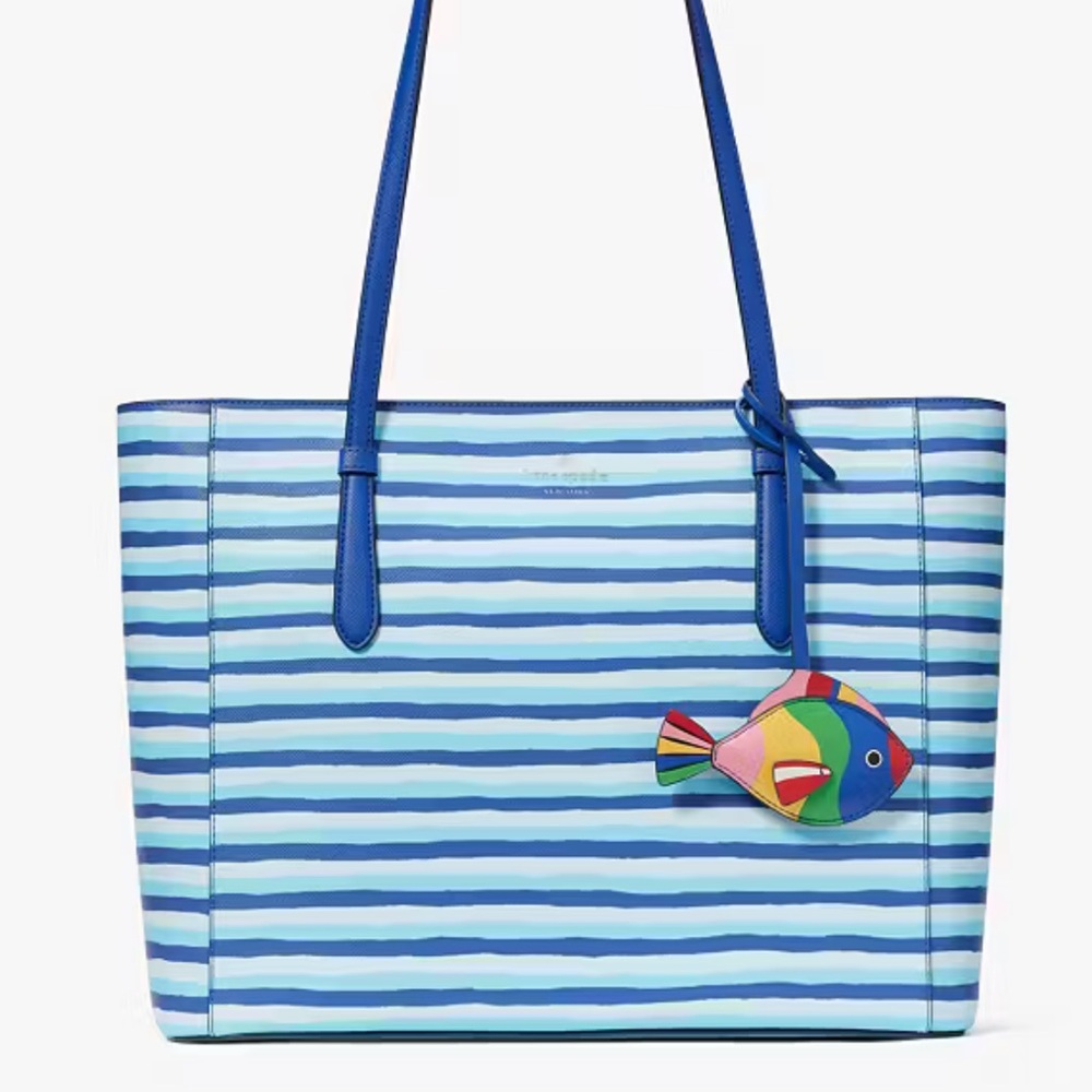 Kate Spade Schuyler Wave Stripe Medium Tote With Fish Charm $359